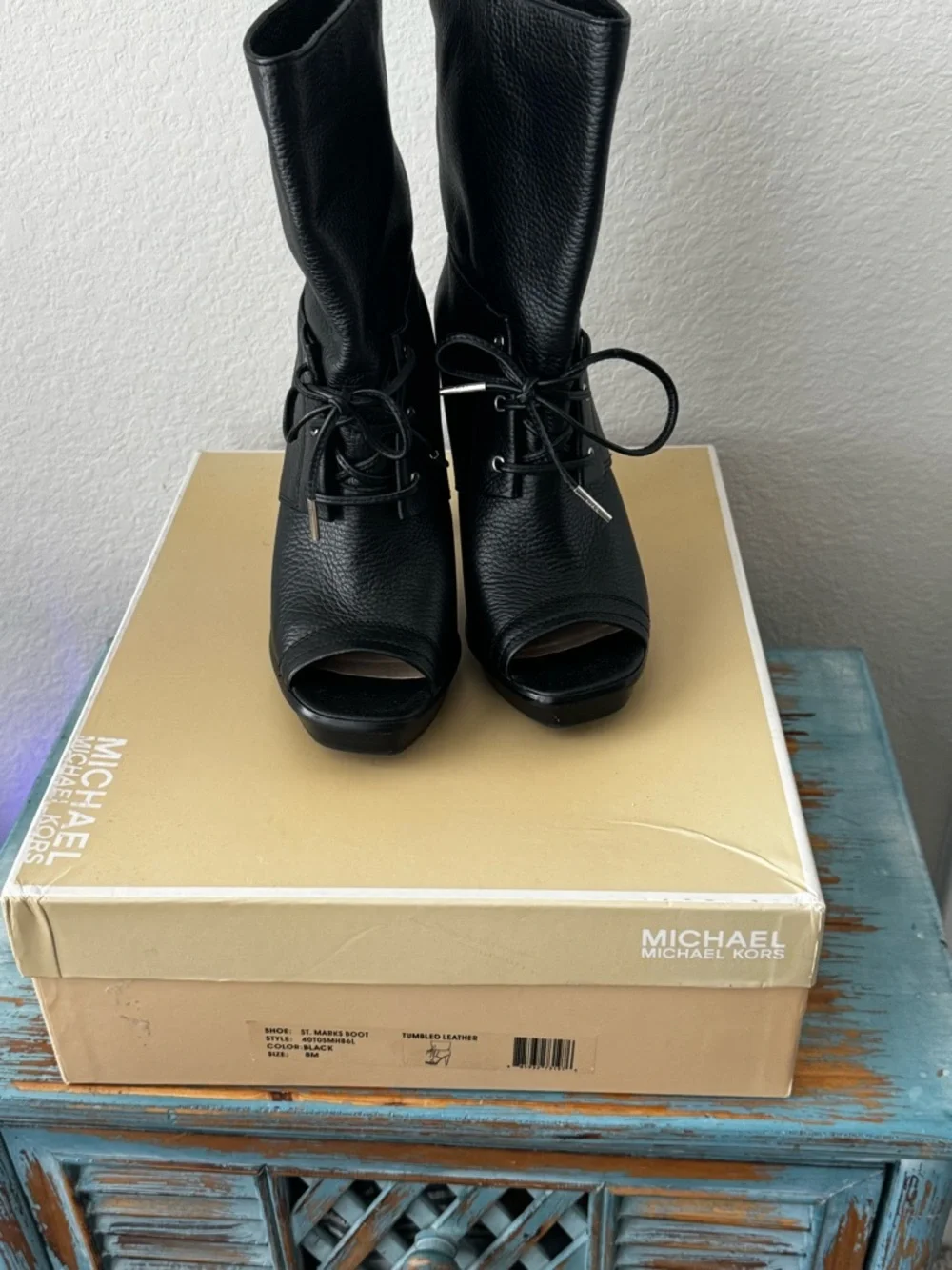 Michael Kors St Marks Boot Black Leather Peep Toe Lace Up Booties Heels Size 8 - Picture 7 of 8
